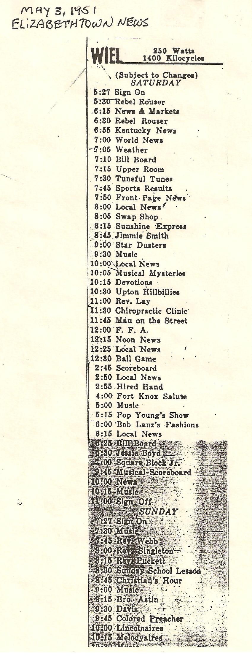 May
                        3, 1951 Schedule