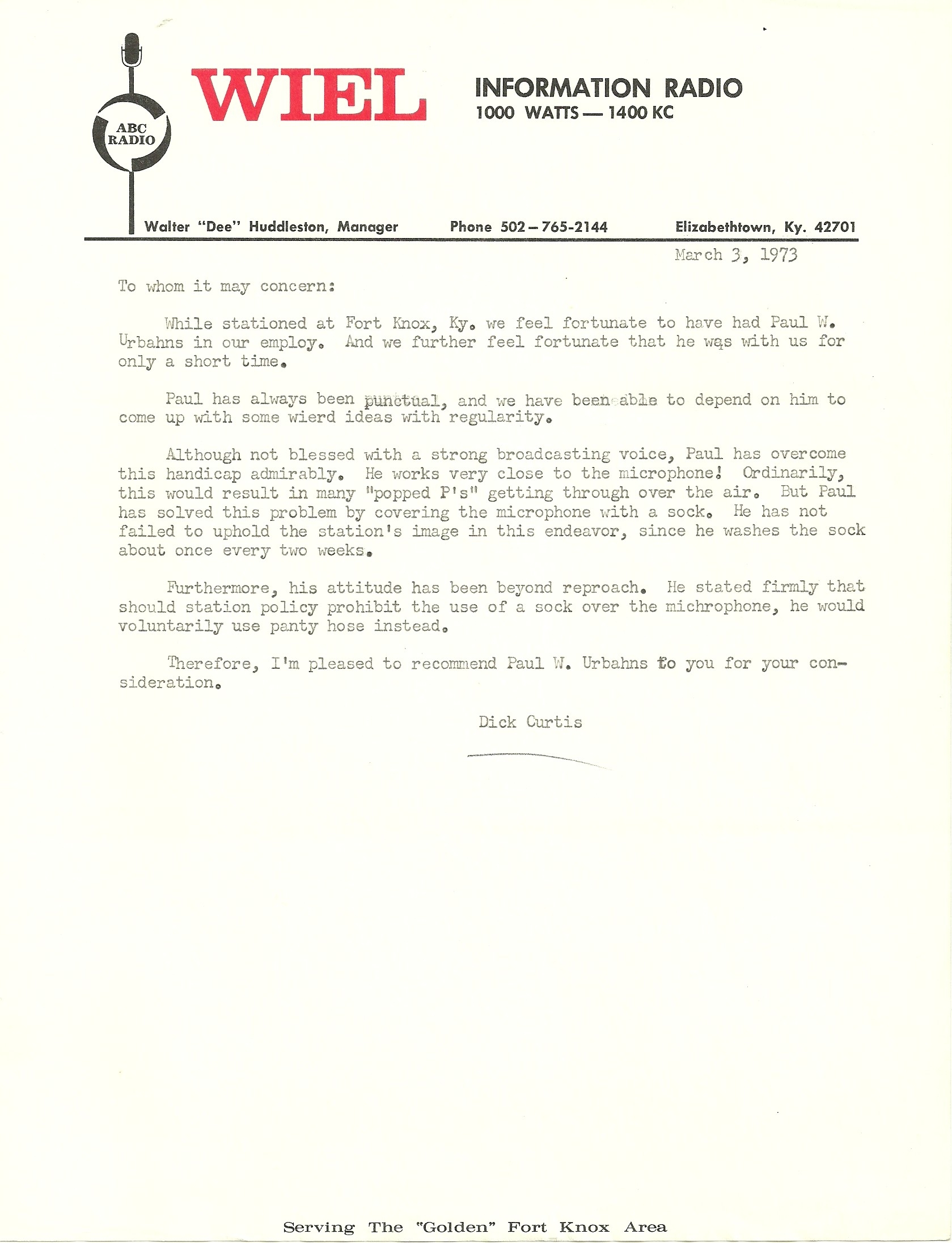 Dick Curtis Letter for Paul